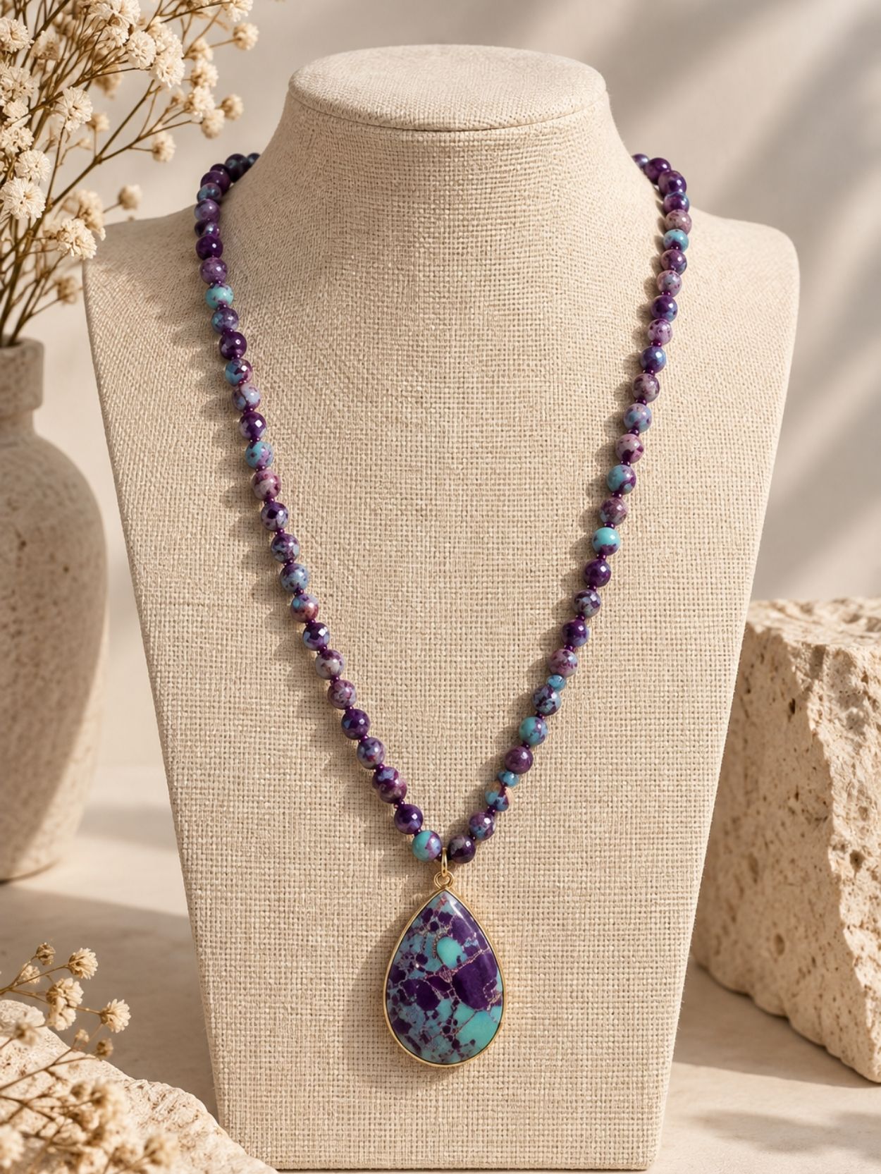 Purple Natural Stone Beaded Necklace with Teardrop Pendant SK63063 - Image 6