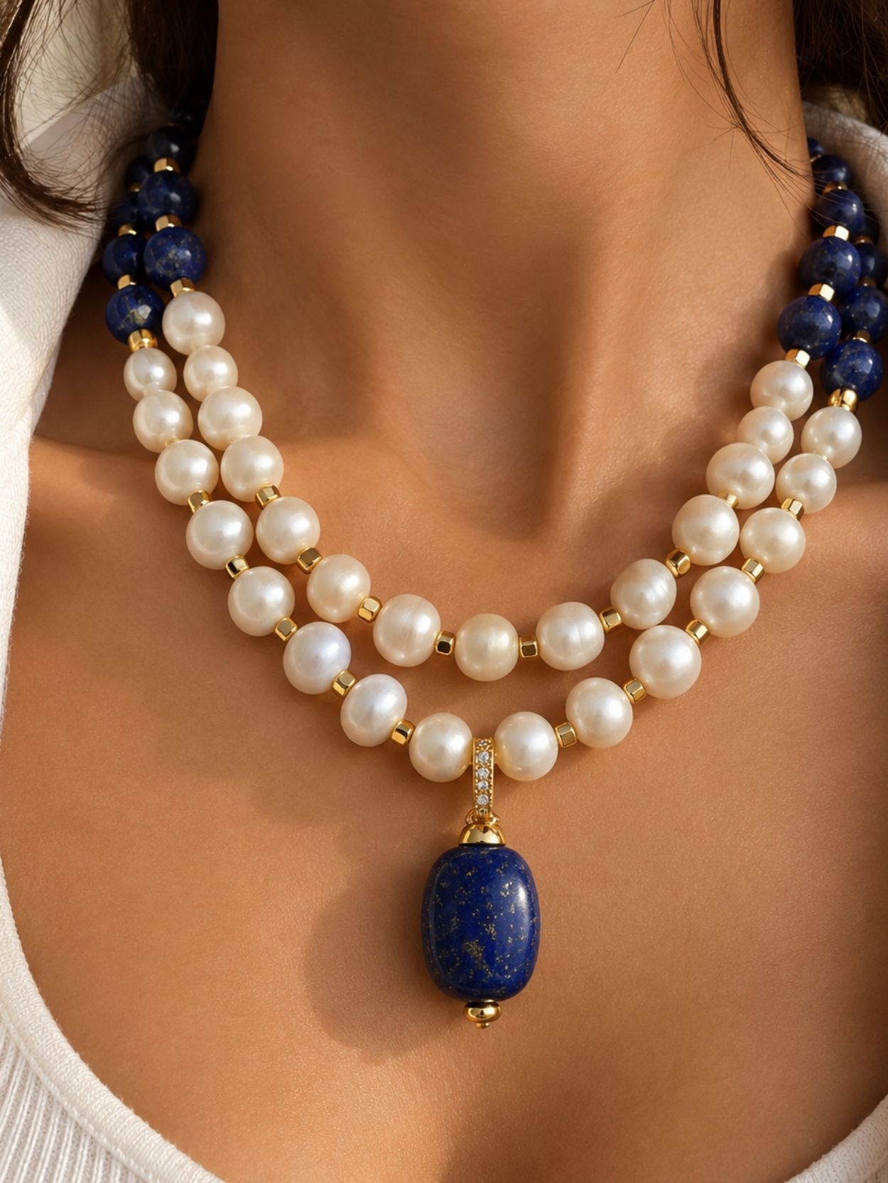 Lapis Lazuli & Pearl 2-Piece Layered Necklace Set SK63100 - Image 4